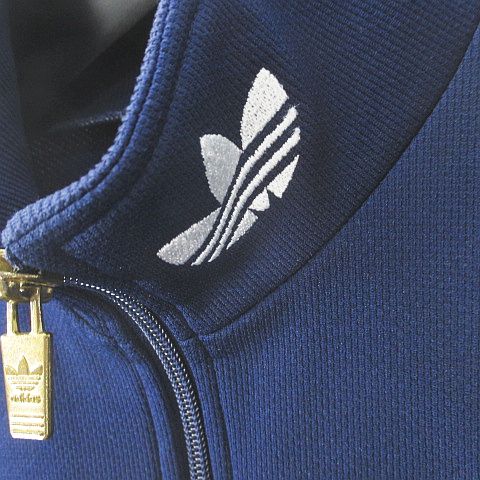 adidas ジップアップジャケット 青/紺 アディダス 刺繍 袖ライン 切替 トラックジャケット ジャージ 紺