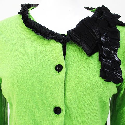 ランバンオンブルー LANVIN en Bleu 長袖 カーディガン 38 グリーン 緑 リブ リボンモチーフ 絹 シルク混 綿 コットン レディース