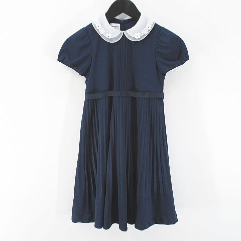 ファミリア Familiar 半袖 ロング丈 フレアワンピース プリーツワンピース ワンピース 120 紺系 ネイビー 日本製 花 フラワーモチーフ リボン 裏地 キッズ