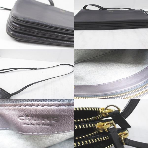 新ロゴCELINE トリオショルダーバッグ グレー　レザー セリーヌ トリオ レザー ショルダーバッグ グレー ABランクの