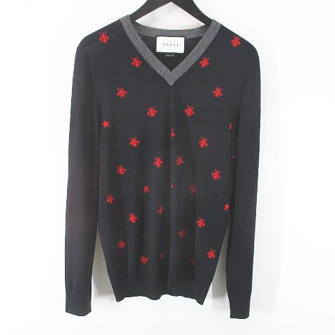 グッチ GUCCI ビー柄 ニット セーター S ネイビー 紺系 Vネック 蜂 毛 