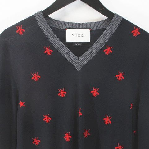 グッチ GUCCI ビー柄 ニット セーター S ネイビー 紺系 Vネック 蜂 毛 