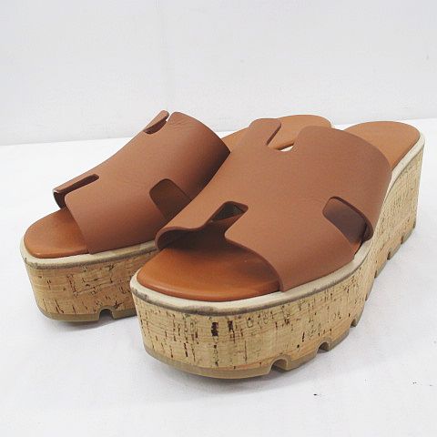 エルメス HERMES プラットフォーム Hサンダル 38 ブラウン 茶系 レザー 