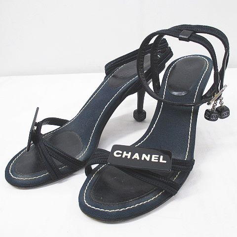 シャネル CHANEL サンダル ココマーク チャーム ロゴ 37 ブラック 黒 