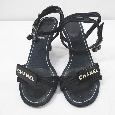 シャネル CHANEL サンダル ココマーク チャーム ロゴ 37 ブラック 黒 