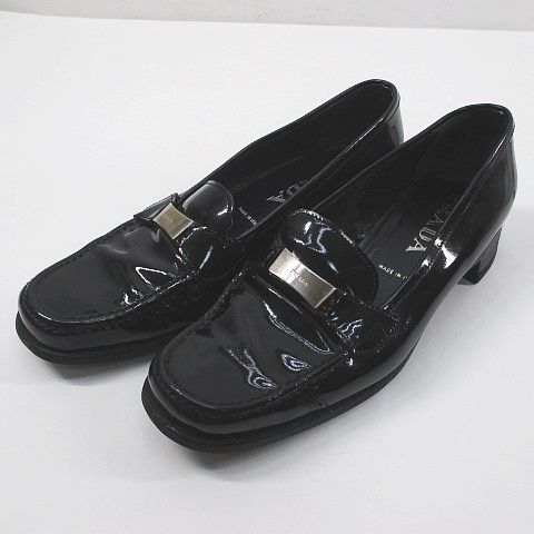 プラダ PRADA ローファー シルバー金具 スクエアトゥ 35 ブラック 黒系 