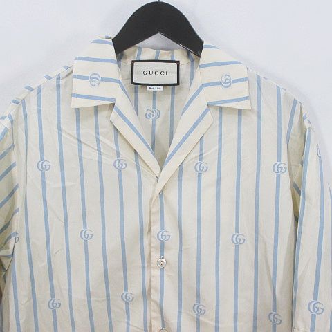 グッチ GUCCI 半袖 シャツ 44 ライトベージュ系 ボタン ストライプ 