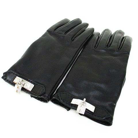 エルメス HERMES ラムスキン 手袋 カデナ 6.5 ブラック 黒 グローブ 