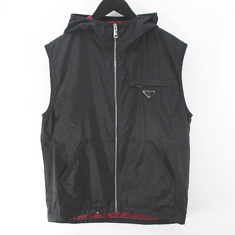 プラダ PRADA ベスト ノースリーブ パーカー 44 黒系 ブラック ジップ 