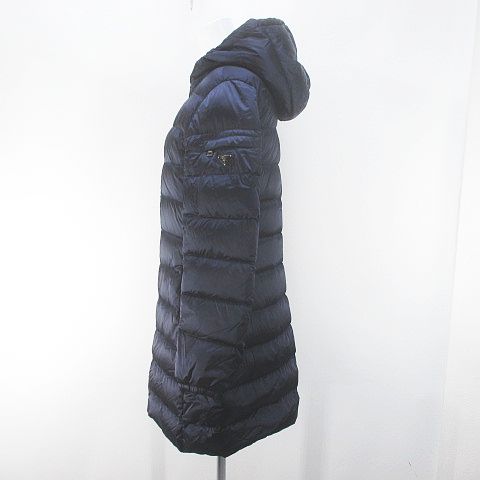 プラダ PRADA ミドル丈 ダウンコート 42 ネイビー 紺系 フード ダブル