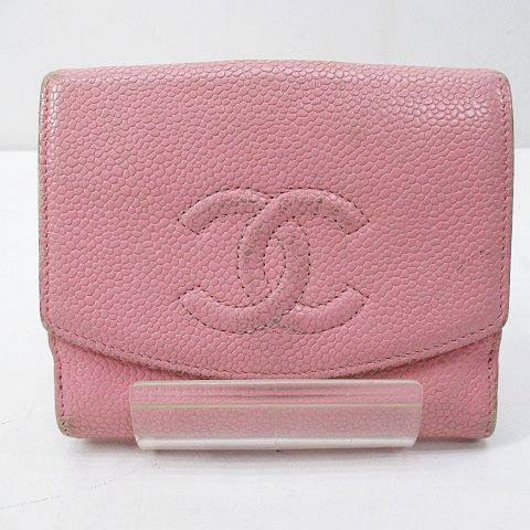 シャネル CHANEL キャビアスキン 2つ折り財布 ココマーク ピンク