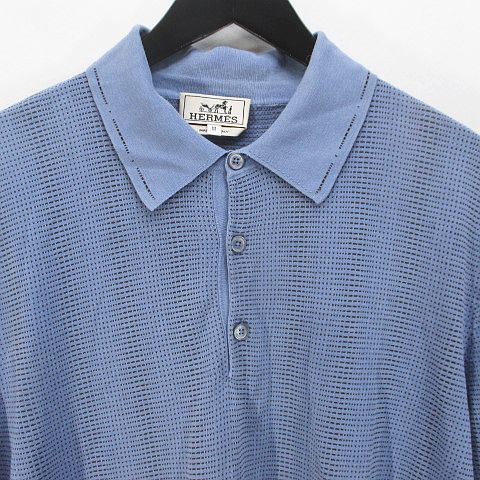 エルメス HERMES 半袖 ポロシャツ M 青系 ブルー 総柄 イタリア製