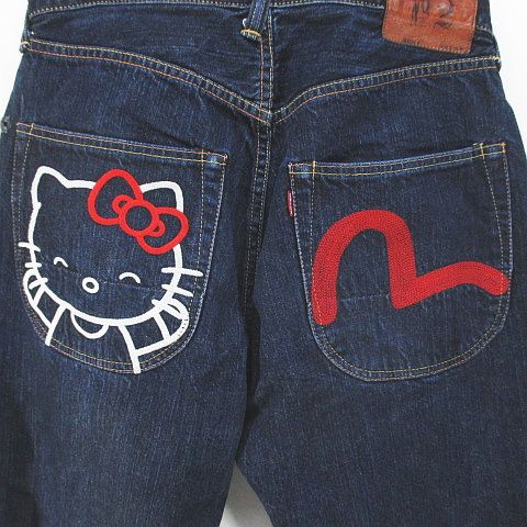 evisu donna ハローキティ　デニム　濃紺　大黒　日本製　26×32 激レア】EVISU エヴィス エビス ハローキティ キティーちゃん デニム