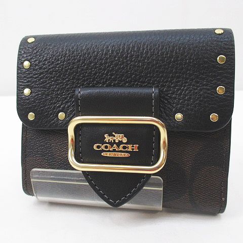 きーちゃんCOACH スタッズ レザー ブラウン 二つ折り財布 コーチ COACH 2つ折り財布 スタッズ ゴールド金具 ブラウン 茶系