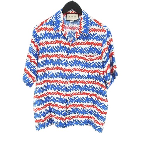 【中古】グッチ GUCCI 747039 ZAMTY LOVES YOU 半袖 シャツ 絹 シルク 44 青系 ブルー イタリア製 胸ポケット 総柄 国内正規 メンズ グッチ GUCCI 747039 ZAMTY LOVES YOU 半袖 シャツ 絹 シルク 44 青系