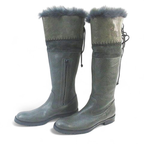 【中古】エンリーベグリン henry beguelin ロングブーツ レースアップ ファー ステッチ 39 カーキ レザー スエード エンリーベグリン henry beguelin ロングブーツ レースアップ ファー