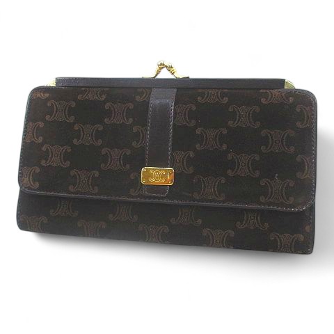 セリーヌ CELINE ガマ口 長財布 3つ折り ゴールド金具 ブラウン 茶系 