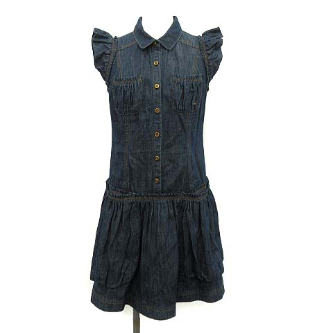 バーバリーブルーレーベル Burberry Blue Label シャツワンピース デニム ノースリーブ ひざ丈 プルオーバー フリル 36 インディゴ Kh レディース 081 ベクトルパーク