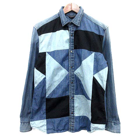 ディーゼル Diesel デニム パッチワーク シャツ 長袖 L 青 ブルー G