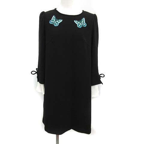 マドモアゼルタラ Mademoiselle Tara ワンピース ひざ丈 長袖 ワッペン 蝶 38 黒 ブラック Kh レディース 081 ベクトルパーク