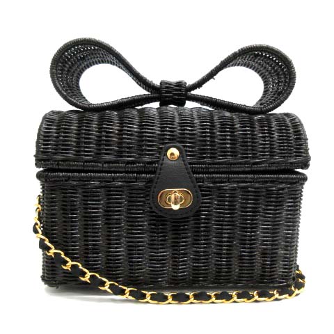 アナトリエ ANATELIER ショルダーバッグ 籐かご リボン チェーン 黒  