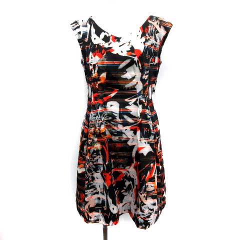 タラジャーモン Tara Jarmon ワンピース フレア ひざ丈 ノースリーブ 総柄 M 黒 オレンジ 白 Ym レディース 081 ベクトルパーク