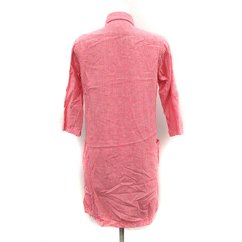 モリカゲシャツキョウト Morikage Shirt Kyoto シャツワンピース ひざ丈 ギンガムチェック リネン 七分袖 S ピンク 白 Yo14 レディース 081 ベクトルパーク