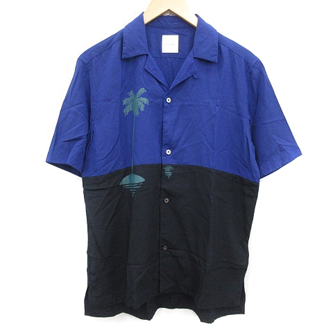 ポールスミス Paul Smith Ps ss シャツ 開襟 オープンカラー 半袖 クリストフ ニーマン Christoph Niemann ヤシの木 プリント M 青 ブルー 黒 ブラック Yt メンズ 081 ベクトルパーク