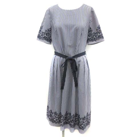 レリアン Leilian 9 M ワンピース フレア ストライプ リボンベルト ひざ丈 半袖 白 ホワイト 紺 ネイビー Ek レディース 081 ベクトルパーク