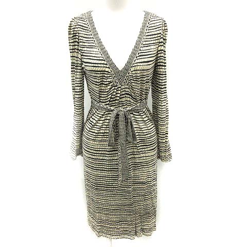 マックスマーラ ウィークエンドライン Max Mara Weekend Line ワンピース 長袖 ひざ丈 Vネック 薄手 ウエストリボン付き 総柄 S アイボリー 黒 ブラック Kx レディース 081 ベクトルパーク