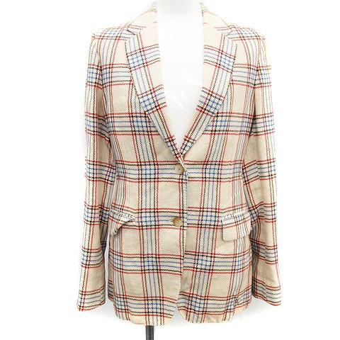ボリオリ Boglioli アウター テーラードジャケット シングル 2b エルボーパッチ チェック柄 麻 リネン 40 M ベージュ 赤 レッド 水色 ライトブルー Yt レディース 081 ベクトルパーク