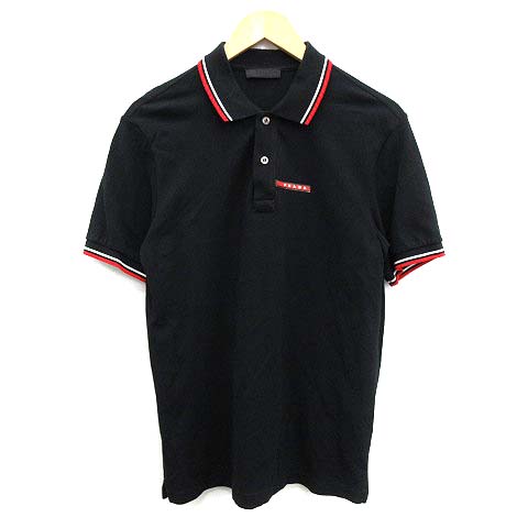 プラダ PRADA ポロシャツ 半袖 ロゴ ライン M 黒 ブラック /KH メンズ  