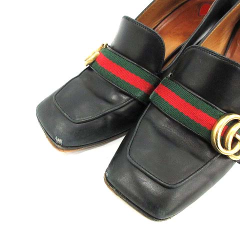 グッチ GUCCI パンプス チャンキーヒール ハイヒール シェリーライン GGロゴ スクエアトゥ レザー 37 24.0cm 黒 ブラック /KH レディース