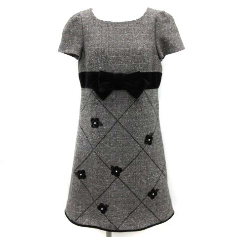 エムズグレイシー M S Gracy 36 S ワンピース ひざ丈 ツイード 花 スパンコール リボン 黒 グレー Ek レディース 081 ベクトルパーク