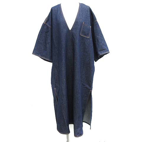 エムエムシックス Mm6 メゾンマルジェラ aw ワンピース デニム ロング ミモレ Vネック 七分袖 80 S Snow 40 紺 ネイビー Mf43 レディース 081 ベクトルパーク