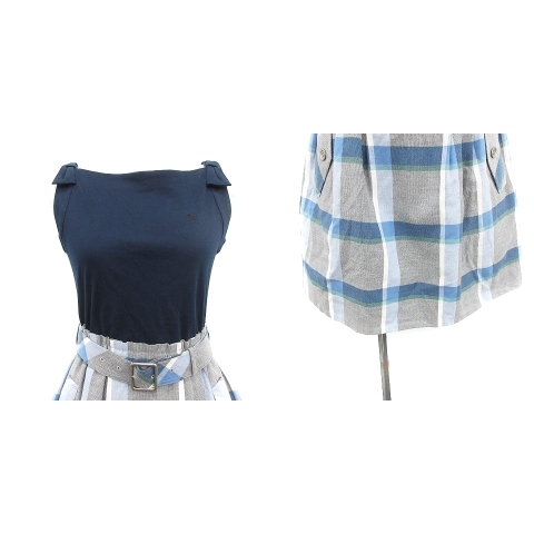 バーバリーブルーレーベル BURBERRY BLUE LABEL ワンピース ひざ丈 ノースリーブ チェック リボン 切替 ベルト 36 S 紺 ネイビー 水色 ライトブルー /YT レディース