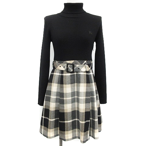バーバリーブルーレーベル Burberry Blue Label ワンピース ひざ丈 タートルネック 長袖 ニット切替 ベルト チェック柄 ウール 36 S 黒 ブラック ベージュ Yt レディース 081 ベクトルパーク