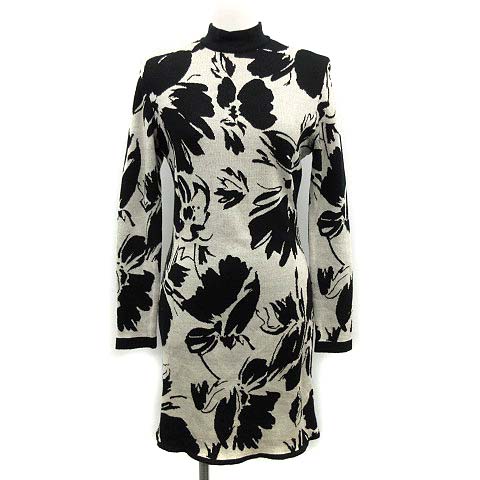 クリスチャンディオール Christian Dior ヴィンテージ ワンピース ニット ひざ丈 長袖 バンドカラー タイト 総柄 M 黒 白 ブラック ホワイト Kh レディース 081 ベクトルパーク