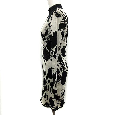 クリスチャンディオール Christian Dior ヴィンテージ ワンピース ニット ひざ丈 長袖 バンドカラー タイト 総柄 M 黒 白 ブラック ホワイト Kh レディース 081 ベクトルパーク