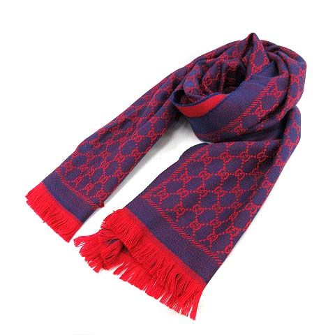 未使用品 グッチ GUCCI ストール マフラー GGジャガード ウール 赤 青  
