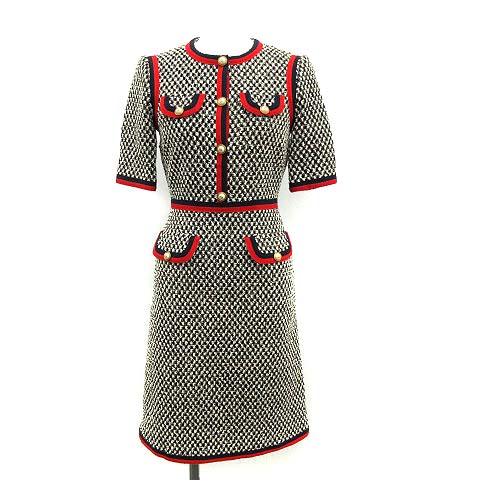 グッチ Gucci 18ss ワンピース ウールシルクドレス ウェブトリム ひざ丈 半袖 ツイード 36 Xs 白 黒 赤 Kh レディース 081 ベクトルパーク