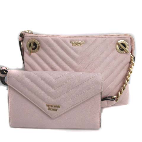 ヴィクトリアシークレット Victoria S Secret 2点セット ショルダーバッグ クラッチ 長財布 ラウンドファスナー ｖキルト チェーン 財布 ライトピンク ゴールド Kt レディース 081 ベクトルパーク