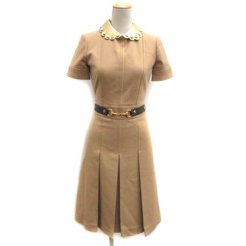 グッチ Gucci 36 S ワンピース ひざ丈 半袖 ホースビット スカラップ パール ベージュ Tk レディース 081 ベクトルパーク