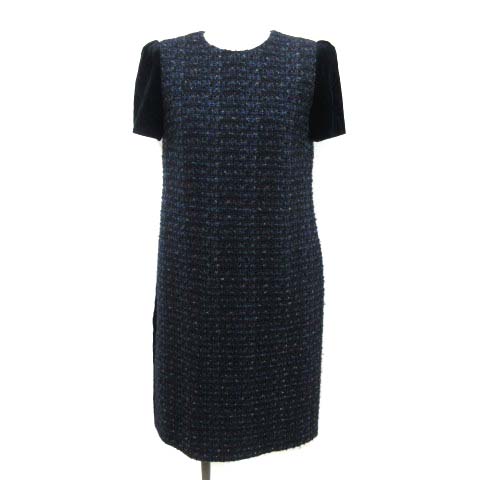 フォクシー Foxey ワンピース ひざ丈 ツイード 切替 ベロア 半袖 38 M 紺 ネイビー Ym レディース 081 ベクトルパーク
