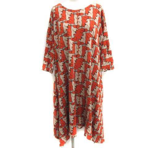 マーブルシュッド Marble Sud Rabbix Jq ドルマンフレアワンピース ニット ひざ丈 総柄 七分袖 オレンジ ベージュ Ek レディース 081 ベクトルパーク