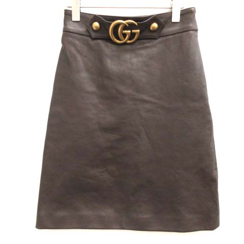 グッチ GUCCI 40 L スカート 台形 ひざ丈 ラムレザー 羊革 GG 
