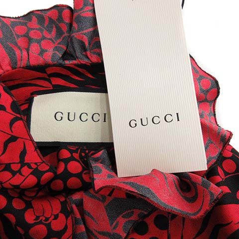 未使用品 グッチ GUCCI 18年製 ブラウス シャツ 長袖 フリル タイガー 総柄 シルク 36 XS 赤 黒 レッド ブラック /KH レディース