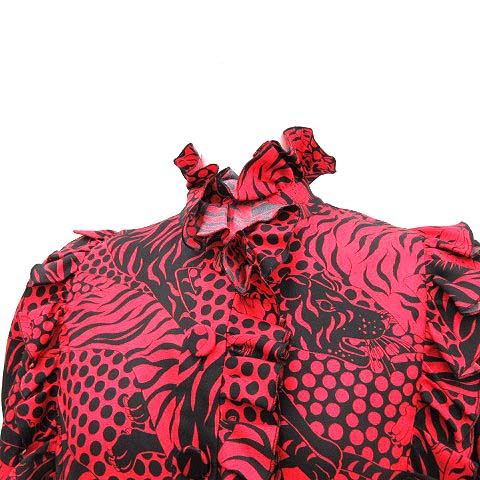 未使用品 グッチ GUCCI 18年製 ブラウス シャツ 長袖 フリル タイガー 総柄 シルク 36 XS 赤 黒 レッド ブラック /KH レディース