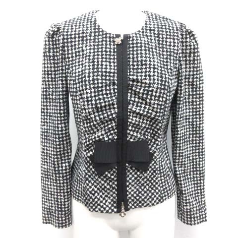 エムズグレイシー M S Gracy ノーカラージャケット 千鳥柄 グレンチェック 薄手 春アウター リボン ジップアップ 36 S 黒 ブラック 白 ホワイト St レディース 081 ベクトルパーク