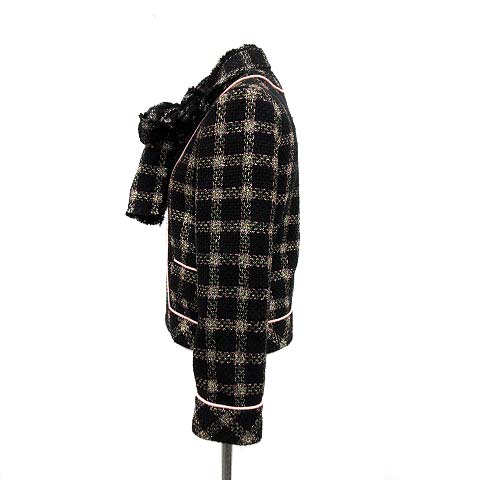 未使用品 グッチ GUCCI ノーカラージャケット ツイード ボウタイリボン ジップアップ チェック 36 XS 黒 ブラック 436199 ZHM31 /KH レディース